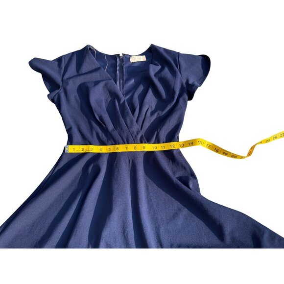Navy Blue Fit & Flare Dress With Flutter Sleeves & Back Zipper Closure - Picture 6 of 6